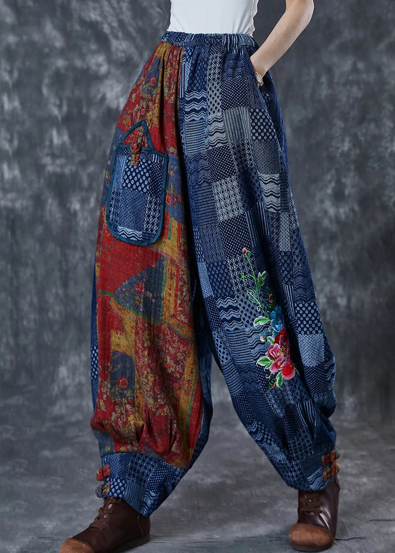 Blue Embroidered Print Cotton Pants Summer