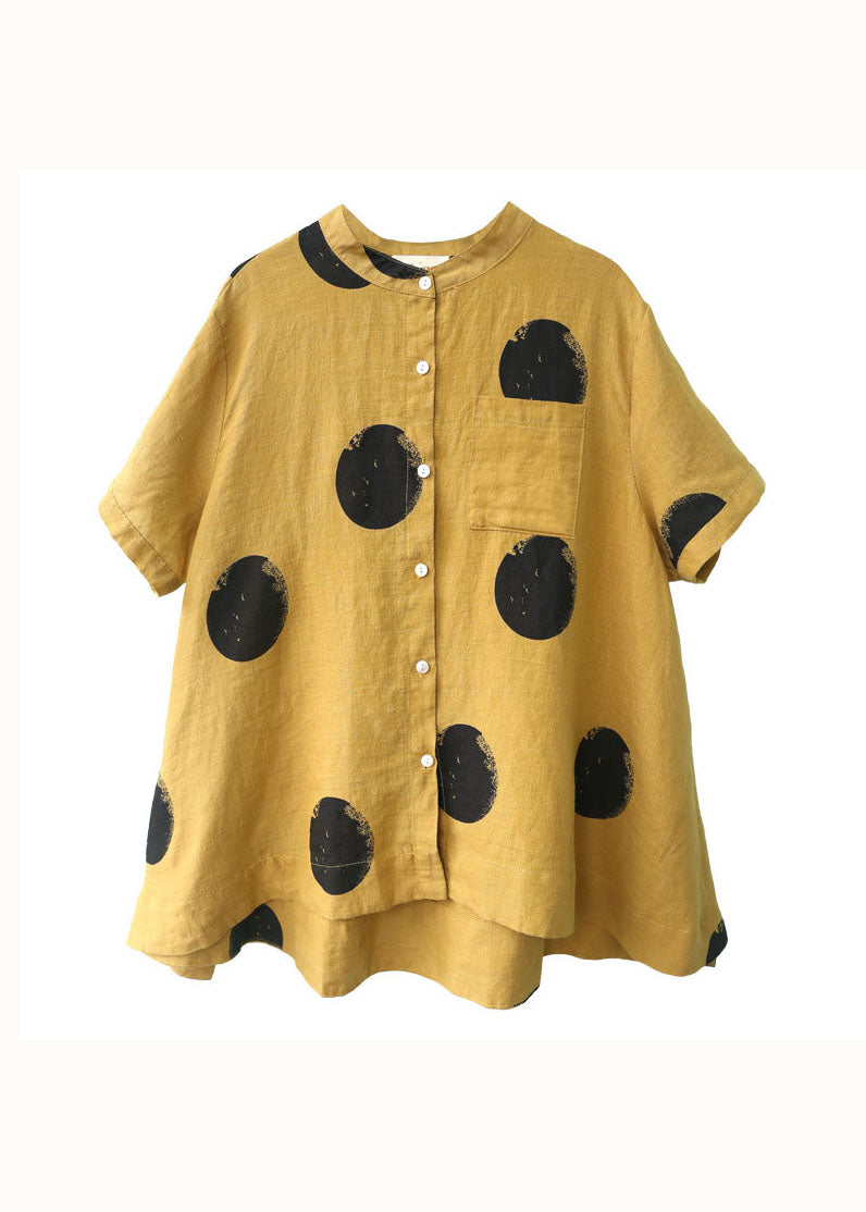 Blue Dot Print Patchwork Linen Top Button Stand Collar Summer