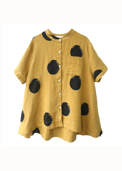 Blue Dot Print Patchwork Linen Top Button Stand Collar Summer