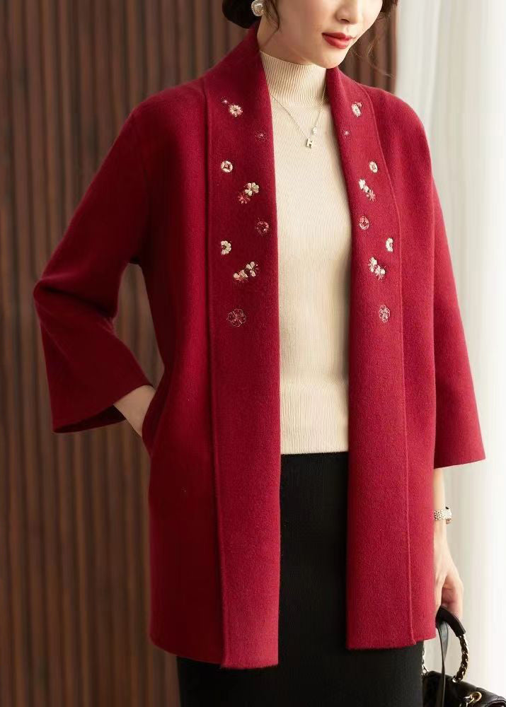 Red Embroideried Pockets Patchwork Knit Cardigans Fall