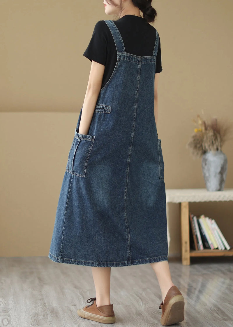 Retro Summer New Blue Pockets Drawstring Denim Strap Dresses