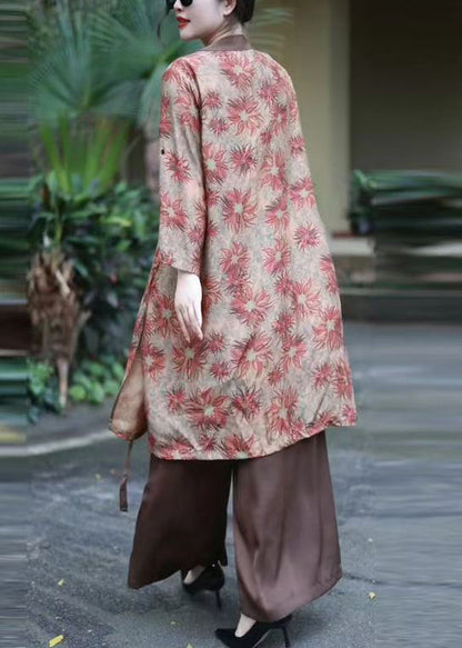 Coffee V Neck Print Lace Up Silk Cotton Two Pieces Set Fall