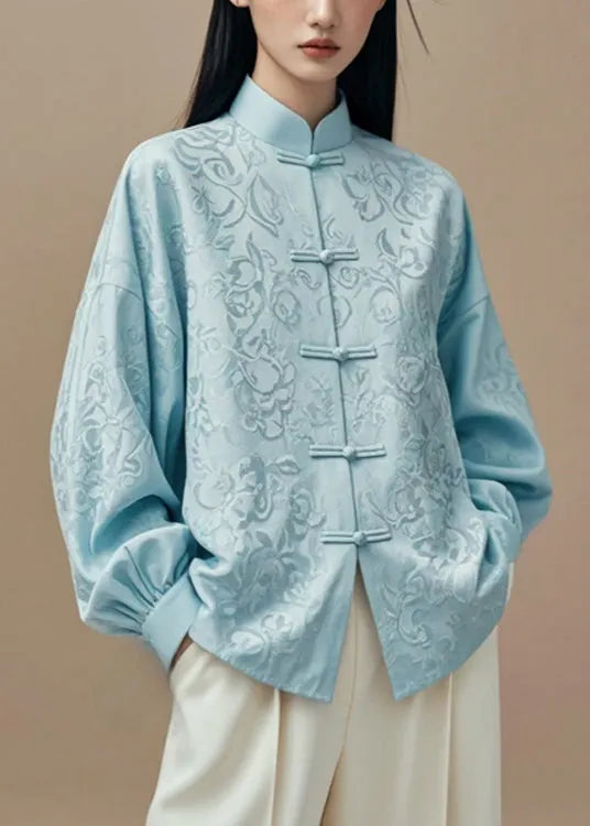 Blue Stand Collar Button Silk Cotton Coats Fall