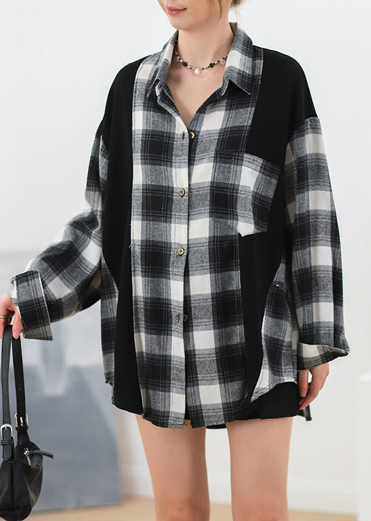 Black Plaid Button Patchwork Cotton Shirt Fall