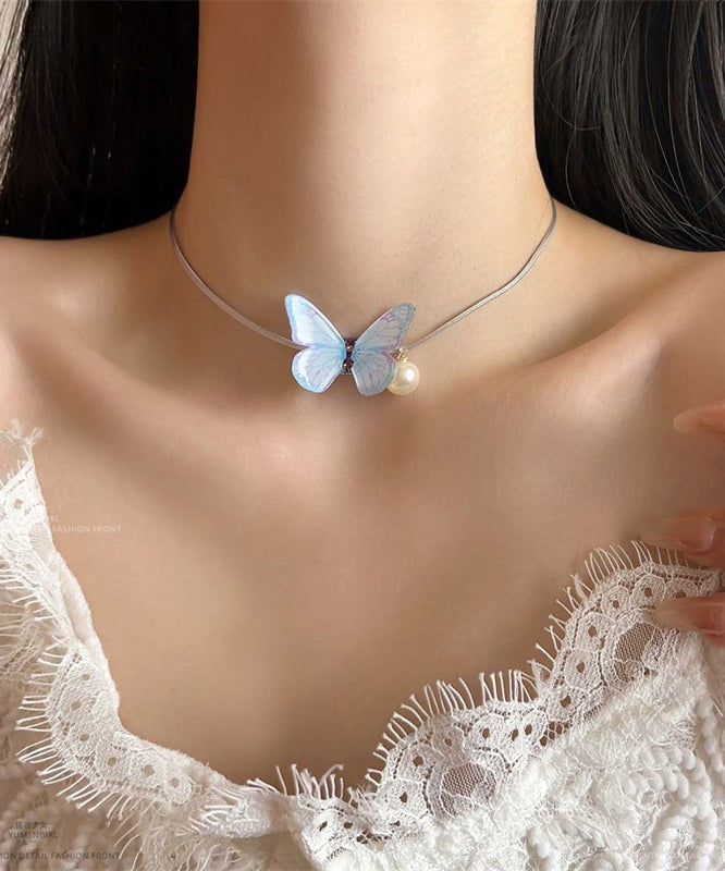 Blue Alloy Pearl Butterfly Princess Necklace