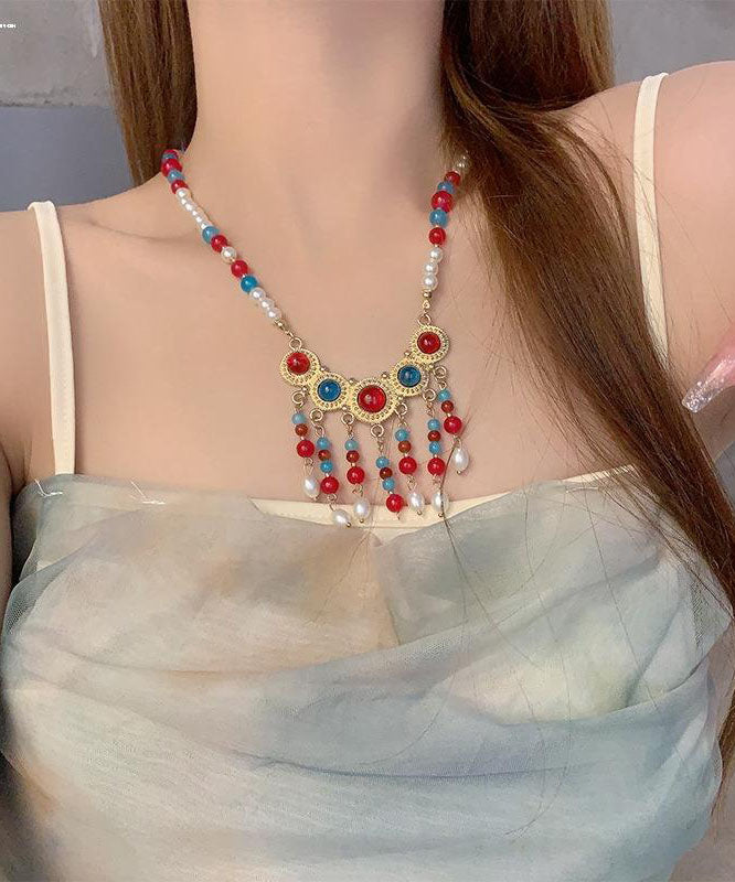 Rainbow Copper Alloy Glass Pearl Resin Coloured Glaze Pendant Necklace