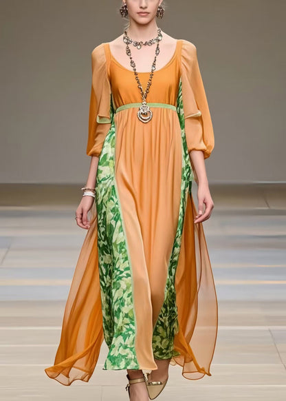Orange U Neck Patchwork Chiffon Robe Dresses Bracelet Sleeve