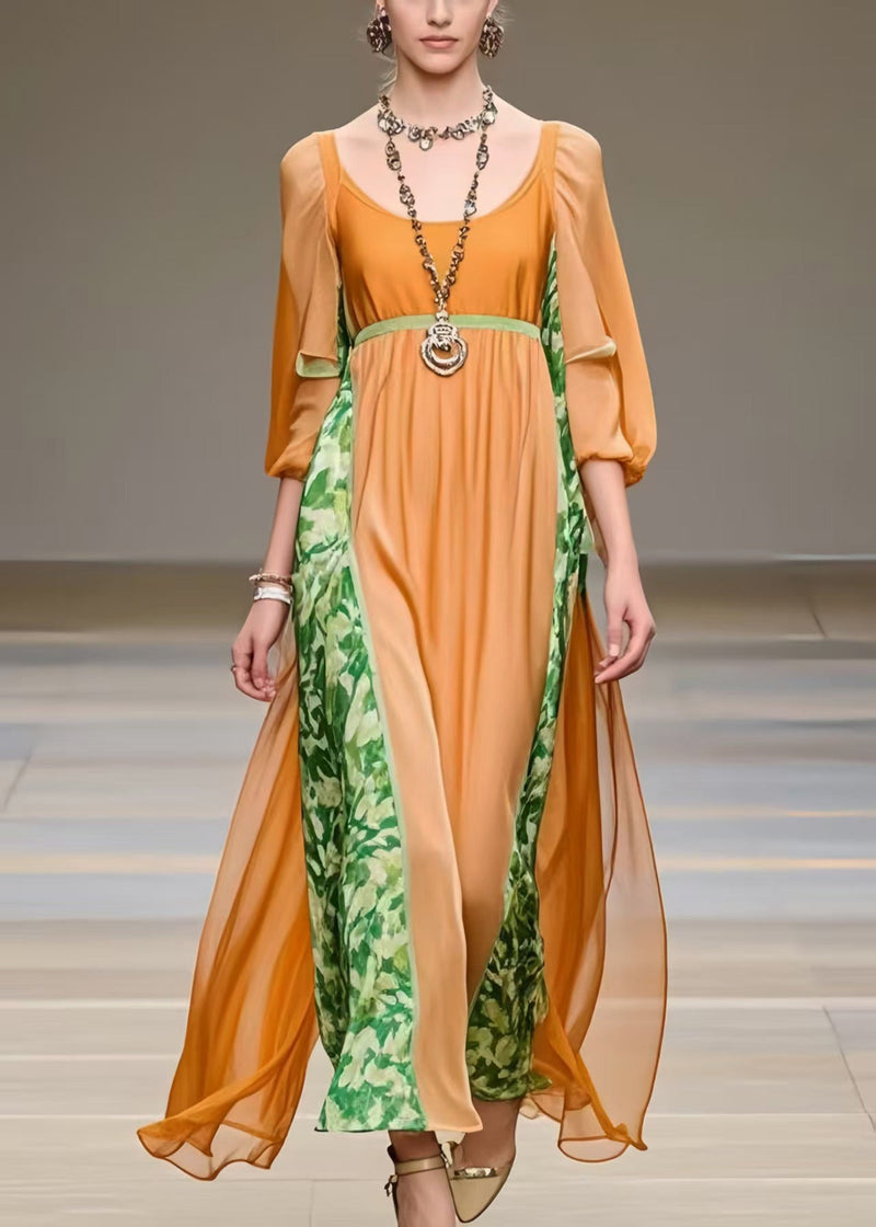 Orange U Neck Patchwork Chiffon Robe Dresses Bracelet Sleeve