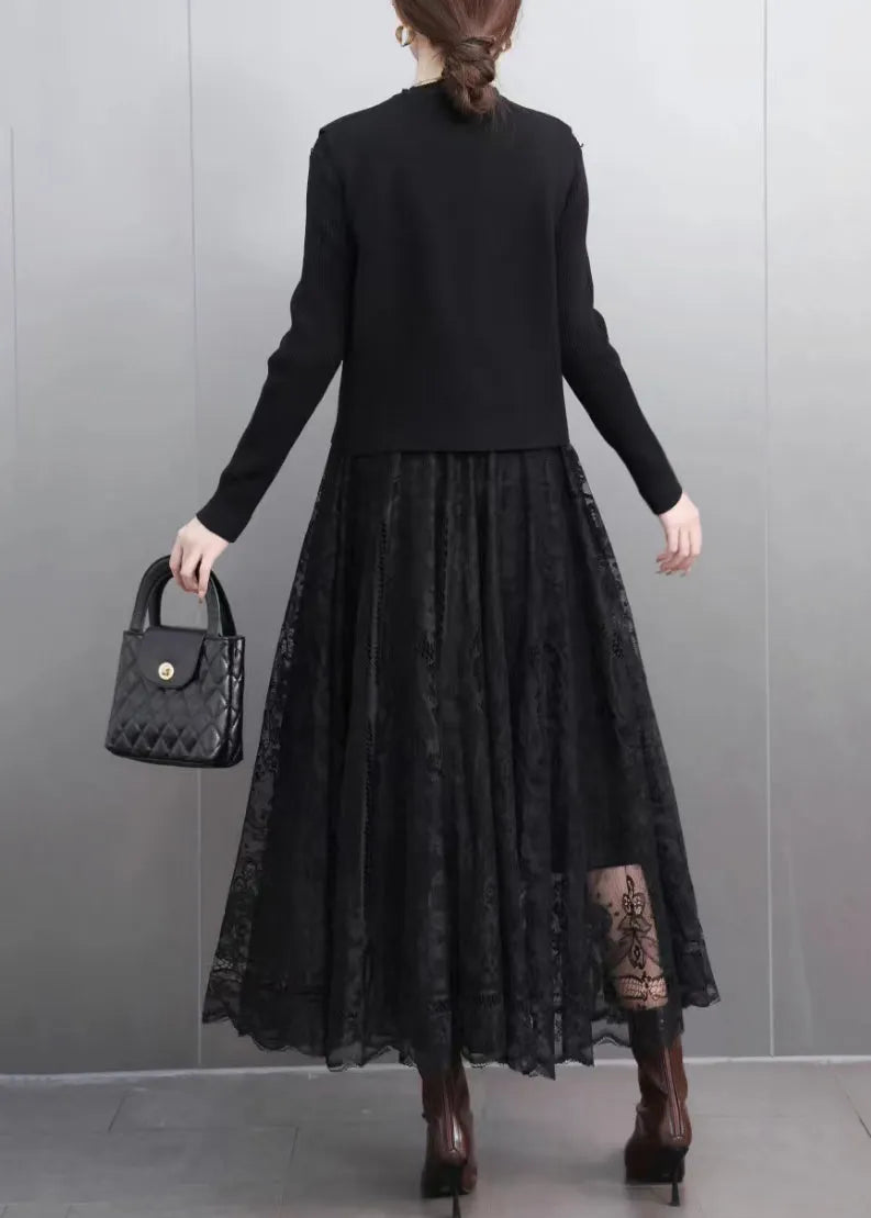 Black Button Waistcoat and a Line Skirts Lace Two Pieces Set Spring