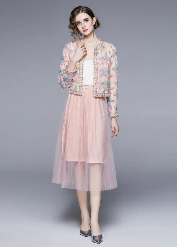 Pink O-neck Print Tulle Two Piece Suit Set Fall