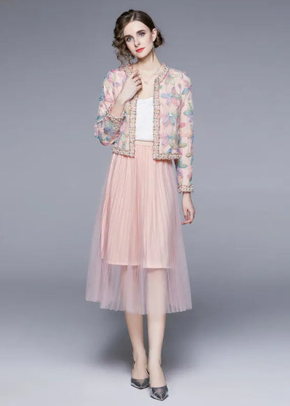 Pink O-neck Print Tulle Two Piece Suit Set Fall