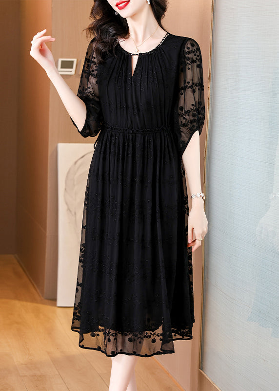 Black Embroidered Silk Long Dresses Bracelet Sleeve Summer