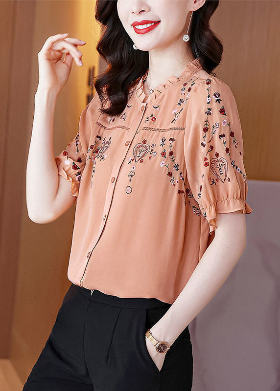 Pink Ruffled Embroidered Silk Shirt Summer