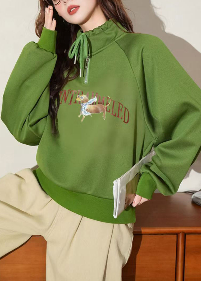 Green Hooded Print Warm Fleece Pullover Winter