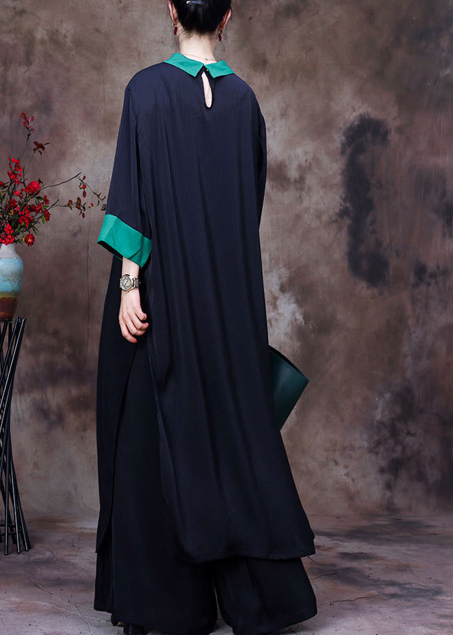 Black Patchwork Green Peter Pan Collar Low High Design Chiffon Long Shirt and Wide Leg Pant Two Pieces Set Summer