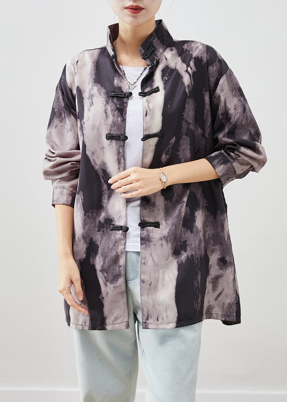 Black Oversized Tie Dye Spandex Shirts Fall