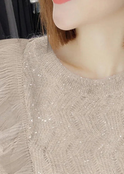 Apricot Ruffled Sequins Knit Two Pieces Set Spring