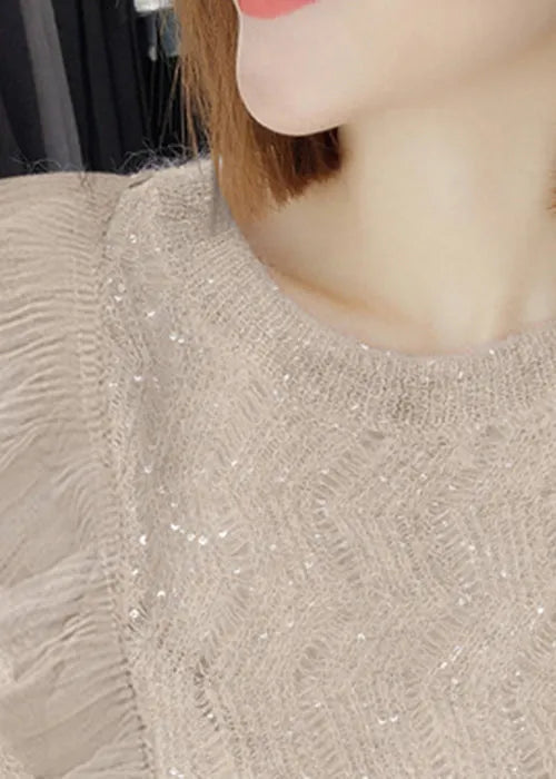 Apricot Ruffled Sequins Knit Two Pieces Set Spring
