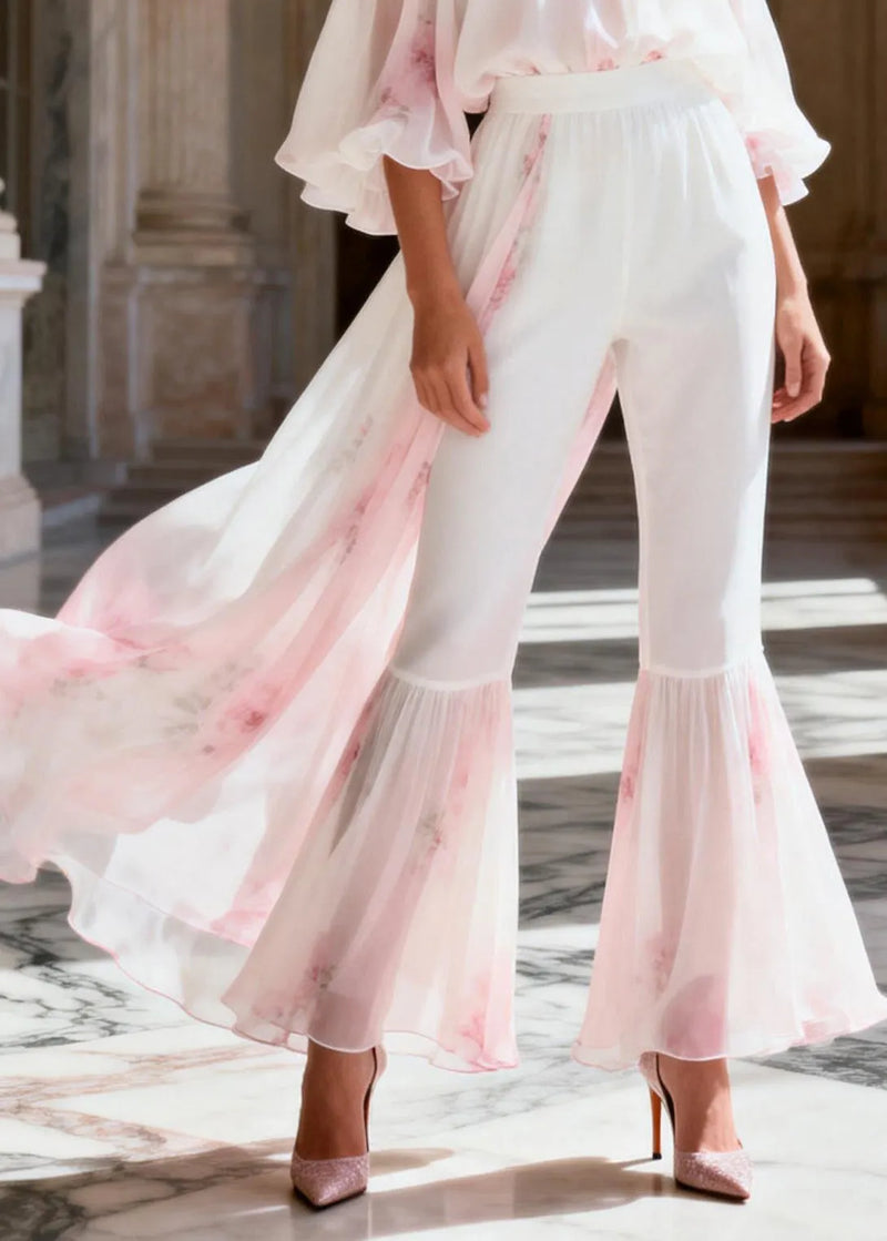 Classy Slash Neck Ruffled Patchwork Chiffon Two Pieces Set Summer