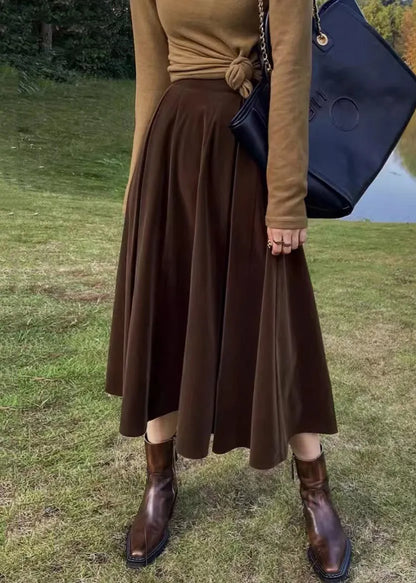 French Coffee High Waist Pockets Patchwork Silk Velour Skirt Fall