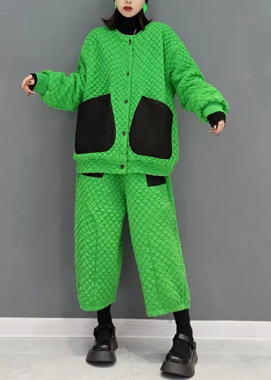 Green Pockets Patchwork Fine Cotton Filled Two Pieces Set Fall