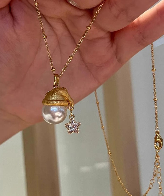 Gold Sterling Silver Overgild Zircon Pearl Star Santa's Hat Pendant Necklace