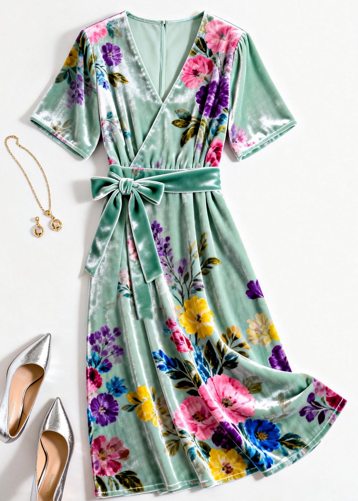 Green V Neck Print Tie Waist Silk Velvet Dresses Summer