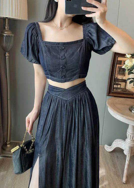 Navy Square Collar Side Open Denim Two-piece Set Summer