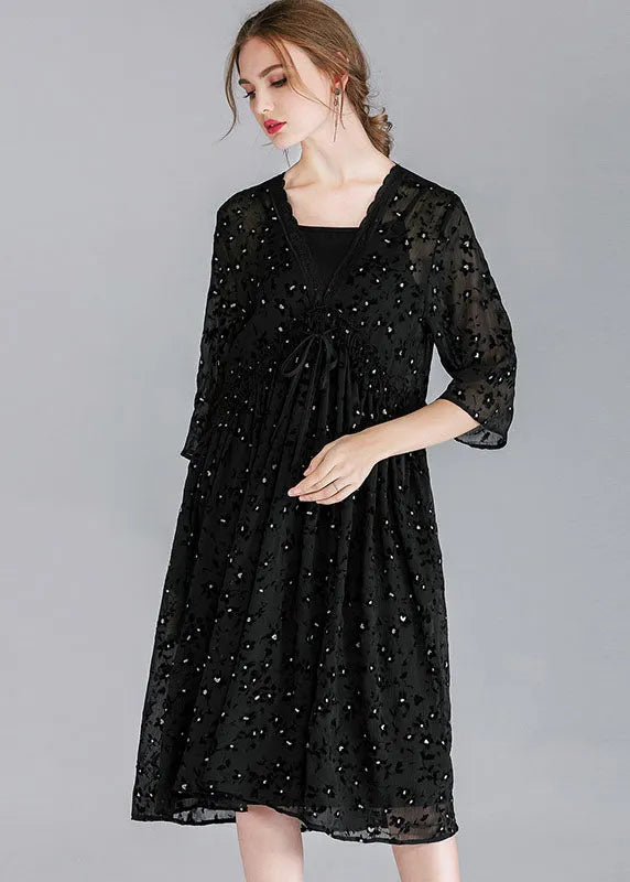 Diy Black V Neck Patchwork Chiffon Dresses Two Pieces Set Spring