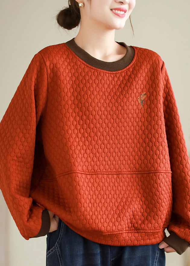 Orange O Neck Embroideried Patchwork Thick Cotton Tops Fall