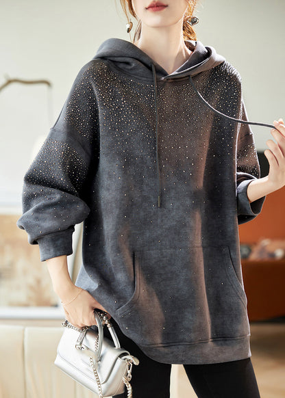 Grey Drawstring Zircon Pockets Hooded Sweatshirts Lantern Sleeve