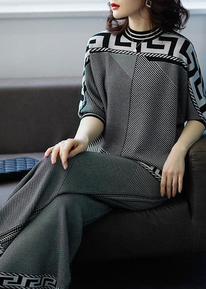 French Grey O-neck Striped Silk Sweatshirt Sets 2 Pieces Fall