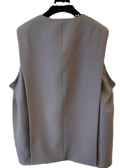 Classy Khaki Pleated Pockets Fall Sleeveless Waistcoat
