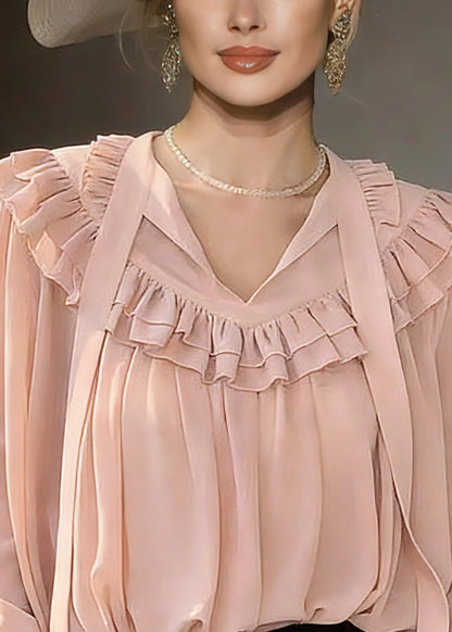 Modern Pink V Neck Ribbon Shirts Lantern Sleeve