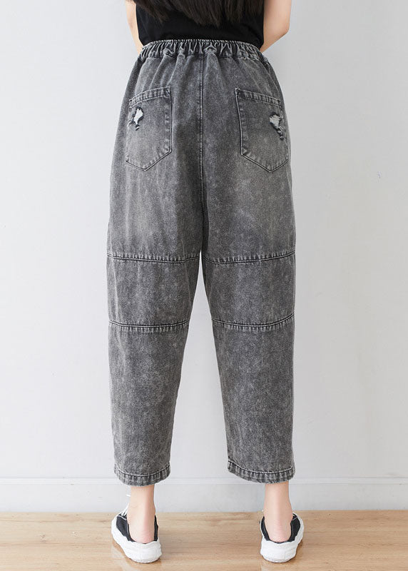 Grey Embroideried Patchwork Applique Cotton Denim Pants Spring