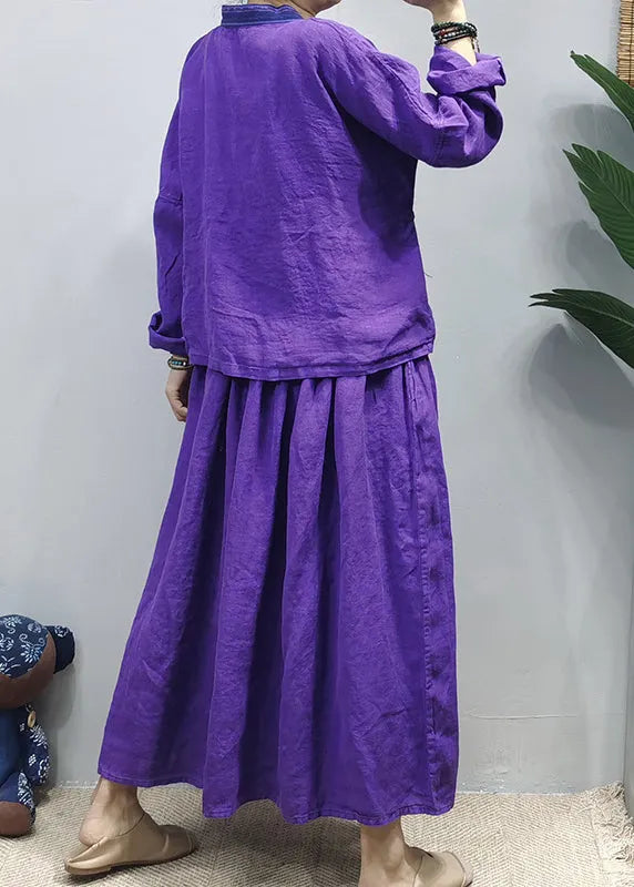 Chinese Style Purple Tie Waist Patchwork Linen Shirt Top a Line Skirt Two Piece Suit Set Long Sleeve