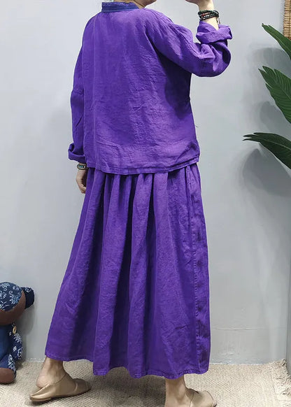Chinese Style Purple Tie Waist Patchwork Linen Shirt Top a Line Skirt Two Piece Suit Set Long Sleeve