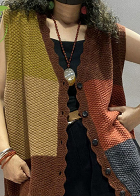 Colorblock Loose V Neck Button Fall Blouse Tops Sleeveless Knit Vest
