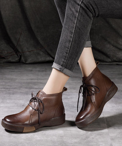 Chocolate Cowhide Leather Warm Fleece Boots Lace Up Shelsea Boots