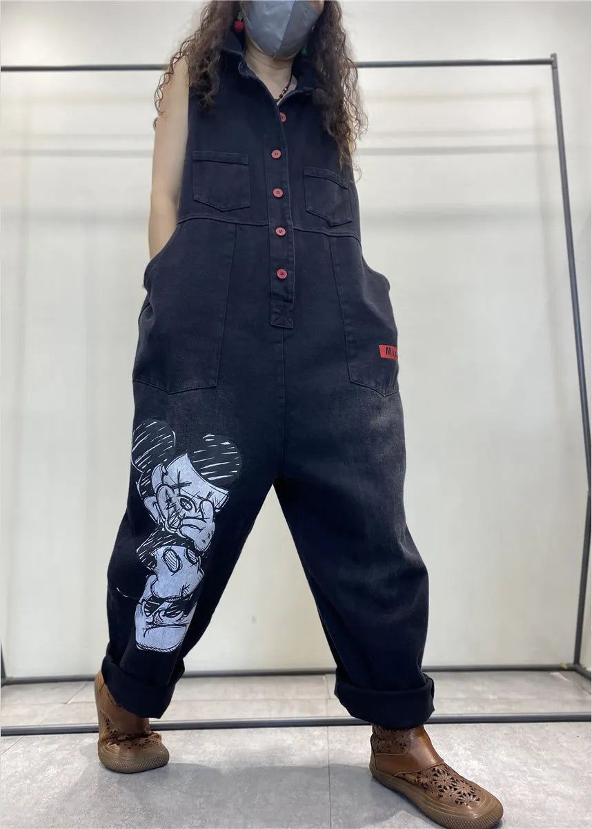 Stylish Black Peter Pan Collar Print Button Denim Jumpsuits Spring