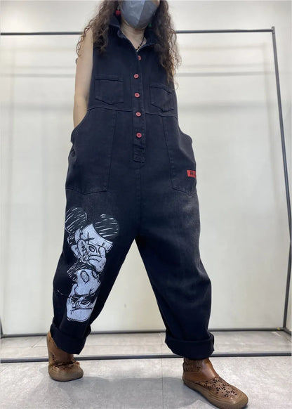 Stylish Black Peter Pan Collar Print Button Denim Jumpsuits Spring