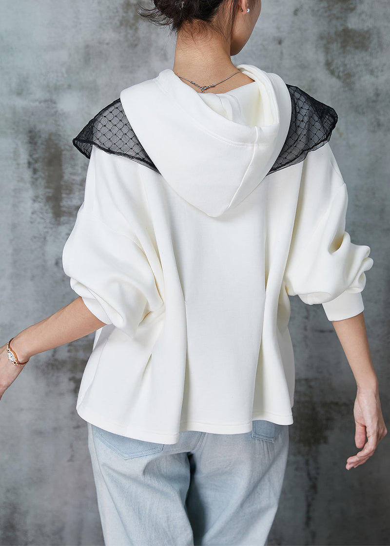 Beige Hooded Bow Wrinkled Cotton Sweatshirt Spring