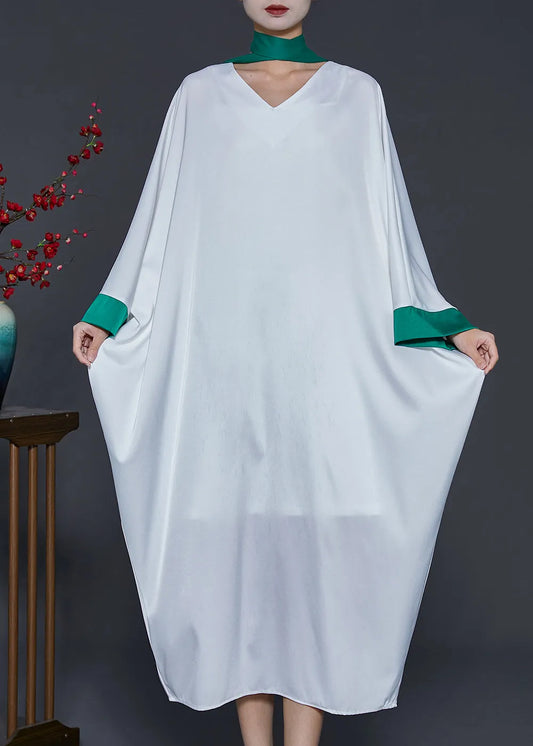 White Oversized Patchwork Silk Dresses Batwing Sleeve