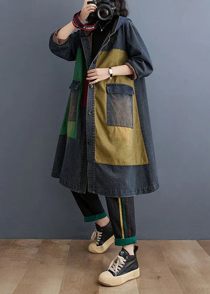 Colorblock Patchwork Button Hooded Denim Trench Coat Long Sleeve