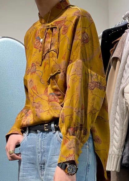 Yellow Stand Collar Patchwork Print Shirt Top Spring