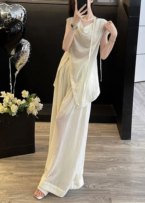 Loose Apricot V Neck Button Top and Wide Leg Pants Two Pieces Set Short Sleeve