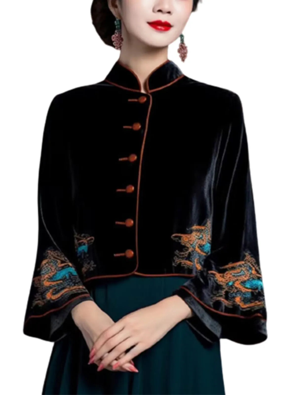 Black Embroideried Button Silk Velour Coats Flare Sleeve