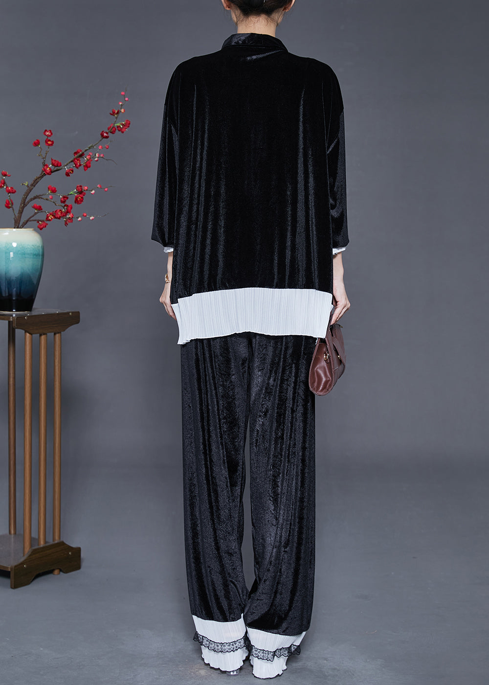 Style Black Oversized Patchwork Silk Velvet Sets 2 Pieces Fall