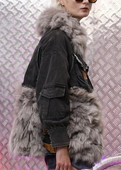 Unique Black Fur Collar Pockets Patchwork Denim Coat Long Sleeve