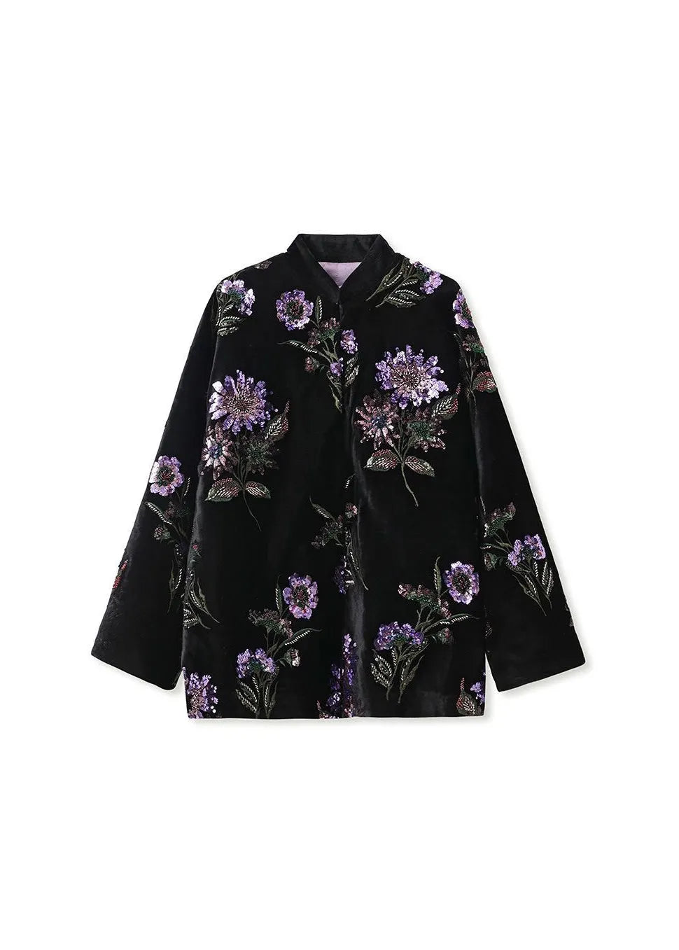 Chinese Style Black Embroidered Sequins Fine Cotton Filled Coat Spring